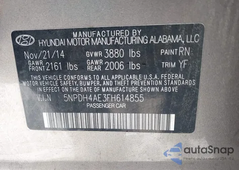 2015 Hyundai Elantra Se from USA, damaged, VIN 5NPDH4AE3FH614855